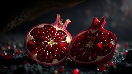 seedy. Split pomegranate with glistening ruby-red seeds in dramatic underground lighting. menu design, packaging mockups, designed for culinary blogs and recipe cards for restaurants.