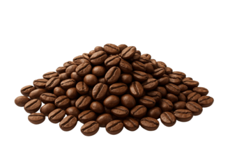 Heap of whole dark roasted coffee beans, isolated product shot isolated PNG with Transparent Background