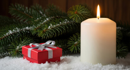 Glowing Candle Next To Gift Box And Evergreen Tree. Elegant Decoration For Traditional Festive Seasons. Winter Still Life Composition