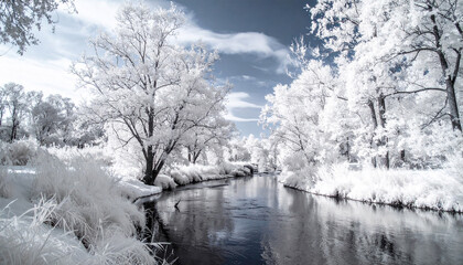 Infrared winter landscape with a winding river and snow-covered trees stream