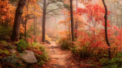 Obraz premium Forest path winding through vibrant autumn foliage and foggy atmosphere, creating a serene and seasonal nature scene