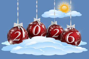 Illustrazione 3D. Anno nuovo 2026. Capodanno 2026 in numeri e con decorazione natalizia. Palle dell'albero di Natale