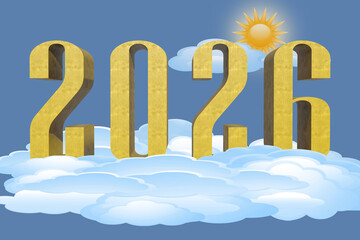 I numeri dorati "2026" si stagliano netti da soffici nuvole bianche contro un cielo azzurro. Un sole splendente con raggi irradianti aggiunge un caldo bagliore. 