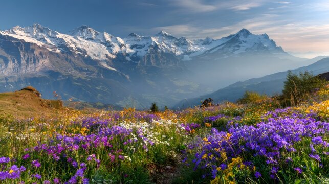 Alpine meadows blooming with colorful wildflowers greeting the towering Eiger, Monch, and Jungfrau mountains in the Swiss Alps