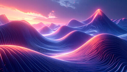 Surreal mountain range with glowing neon edges under a twilight sky image photo