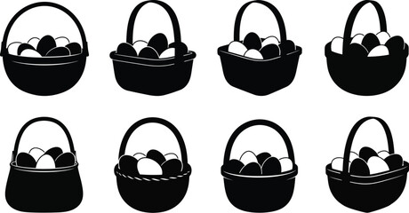 Collection of black silhouette baskets filled with white eggs arranged in rows