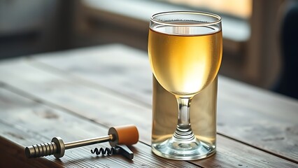 trebbiano. A glass of pale golden wine on a rustic table next to a simple corkscrew in natural light. bar promotions, beverage menus, designed for product packaging and bar promotions.
