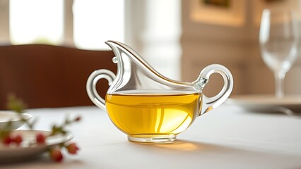 cruet. Glass cruet with olive oil and vinegar on a dining table. menu design, packaging mockups, recipe cards, designed for food delivery and cloud-kitchen brand materials, used by PR specialists.
