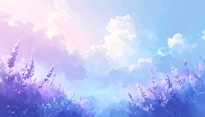 Lavender Field Under a Soft Pastel Sky with Wispy Clouds and Sunlight flowers purple