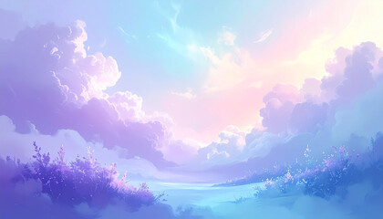 Dreamy Pastel Sky with Fluffy Clouds and Wildflowers in a Landscape image photo