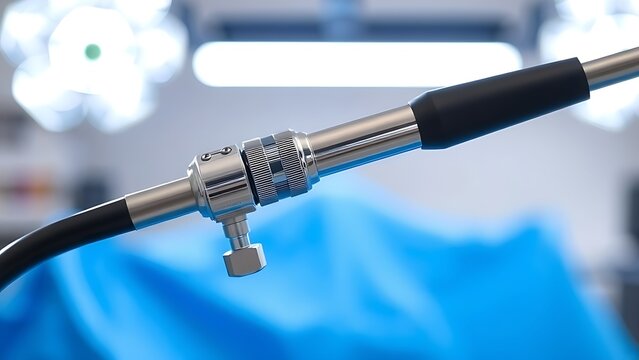 laparoscope. Slender laparoscope with polished metal surface reflecting light, on a medical tray with professional lighting. product launch decks.