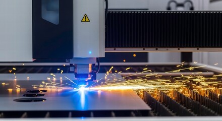 Laser Cutting in Action: A cutting-edge laser precisely cuts through a metal sheet, creating sparks, representing the precision of technology in industry. 