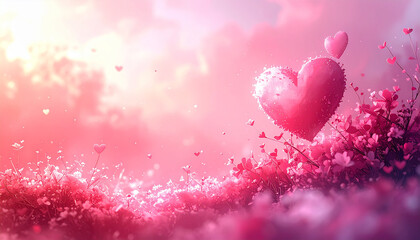 Close-up of a Large Pink Heart Balloon Amidst a Field of Delicate Pink Flowers love