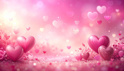 Romantic Pink Heart Landscape with Glittering Ground and Bokeh hearts love