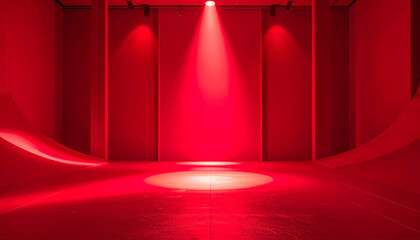 Empty Red Stage with Curved Walls and Dramatic Spotlights interior