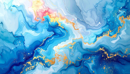 Ethereal Blue and Pink Abstract Fluid Art with Gold Streaks alcohol ink