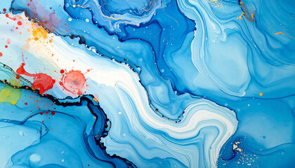 Vibrant Blue Abstract Fluid Art with Red and Gold Splashes alcohol ink