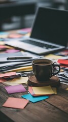 with open planner, sticky notes, laptop and coffee cup symbolizing life strategy
