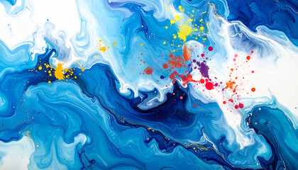Dynamic Blue Abstract Fluid Art with Colorful Paint Splatters alcohol ink