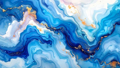 Acrylglasbilder Kristalle Swirling Blue and Gold Abstract Fluid Art with Marble Texture image photo  © MdMajlur