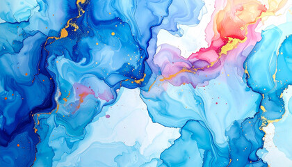 Soft Blue and Pink Abstract Fluid Art with Gold Veins and White Space marble texture