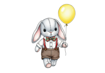 adorable heather gray plush toy rabbit in vintage brown tweed attire and plaid bow tie, gently walking, holding a bright yellow balloon, watercolor illustration on transparent. concept of childhood