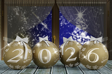 Illustrazione 3D. Anno nuovo 2026 Capodanno 2026 in numeri e con decorazione natalizia.