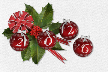 Illustrazione 3D. Anno nuovo 2026. Capodanno 2026 in numeri e con decorazione natalizia.