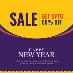 New Year Sale Banner with 50% Discount Offer in Yellow and Purple Design
