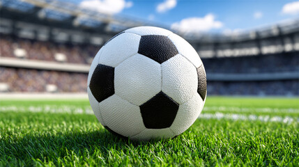 Fototapeta premium Professional Soccer Ball on Green Grass Field with Stadium Background, Football Close-Up