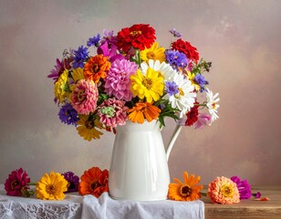 Colorful floral arrangement in a white pitcher. Flowers on table