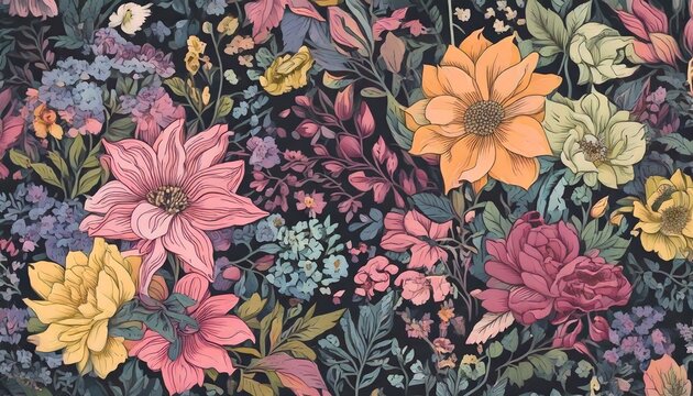 Fototapeta Vibrant and Detailed Floral Pattern with a Rich Assortment of Colorful Blossoms and Greenery