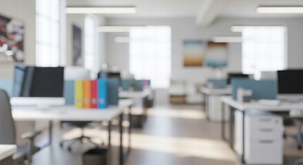 Blurred Office Space: Modern, minimalist open-plan office setting, where productivity meets comfort and innovation. The soft focus lends a sense of calm and efficiency.