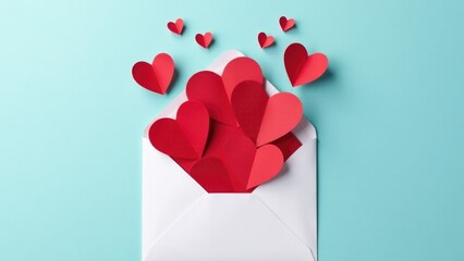 A romantic white envelope with red paper hearts flying out of it, perfect for expressing love and affection