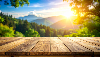 Empty Wooden Table Surface Overlooking Green Mountains and Sunny Sky Keywords: wooden table, wood surface, table top