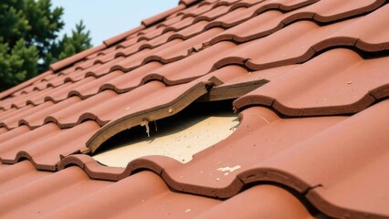 A close-up shot of a roof with a hole, suitable for architectural or construction-related uses