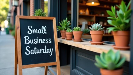 A bright yellow and black sign on a sidewalk promoting Small Business Saturday, a shopping event