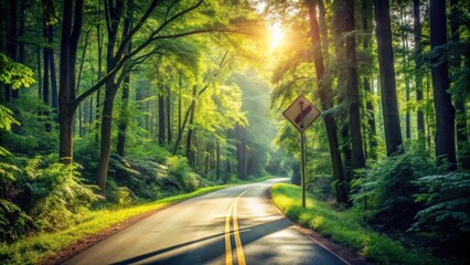 Fototapeta premium Serene Forest Road Winding Through Lush Greenery at Sunrise with a Road Sign