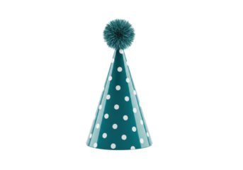 ultra-realistic, glossy deep teal party hat with crisp white polka dots, isolated on a transparent cyclorama with ample copy space. concept of immediate celebration