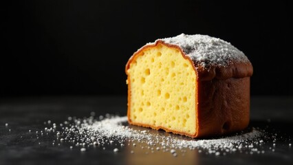 Freshly baked loaf of bread topped with powdered sugar, great for breakfast or snacks