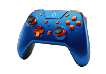 macro shot of a futuristic electric blue high-gloss video game controller with neon orange accents, high-key studio lighting on a transparent background. concept of high-performance gaming hardware
