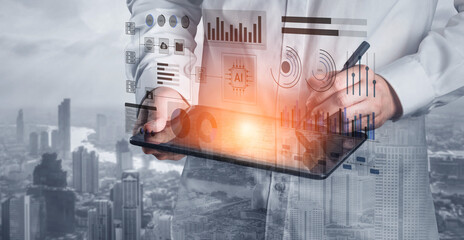 A business professional engaged in data analysis with a digital tablet, showcasing graphs and charts against an urban skyline, highlighting technology and innovation. Gantry