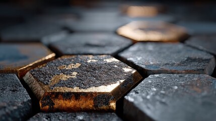 Close up macro view of hexagonal tiles textured with metallic gold and dark industrial gray materials in a futuristic sci fi abstract pattern with dramatic lighting and shallow depth of field