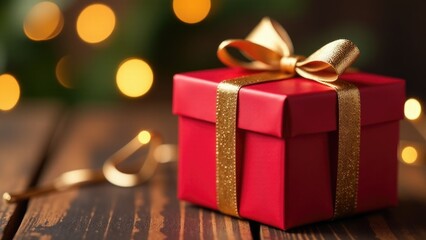 A red gift box with a gold ribbon on a wooden table, perfect for special occasions