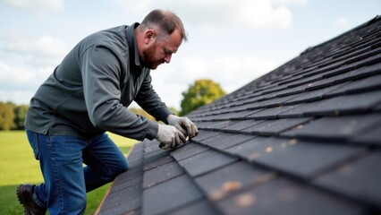A person working on the roof of a house, with tools and equipment