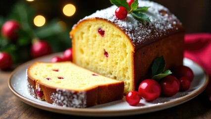Freshly baked loaf of cake with a slice removed, perfect for snacks or parties