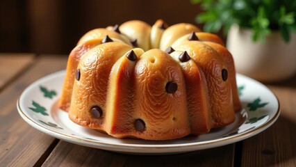 Moist bundt cake with dark chocolate chips served on a plate