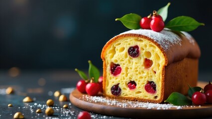 Freshly baked cake with cherries and powdered sugar, perfect for dessert or snack