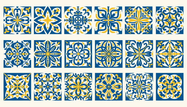 Mediterranean ceramic tiles with blue pattern on white background. Italian traditional ornaments with floral motif. Geometric vintage Amalfi design elements. Vector