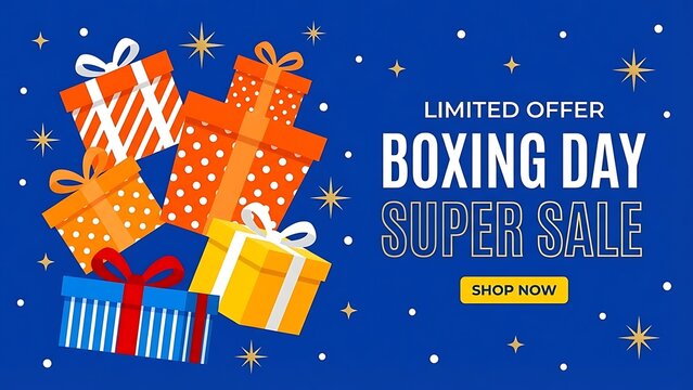 Limited offer boxing day super sale with gift boxes and stars on blue background, vector illustration - Powered by Adobe